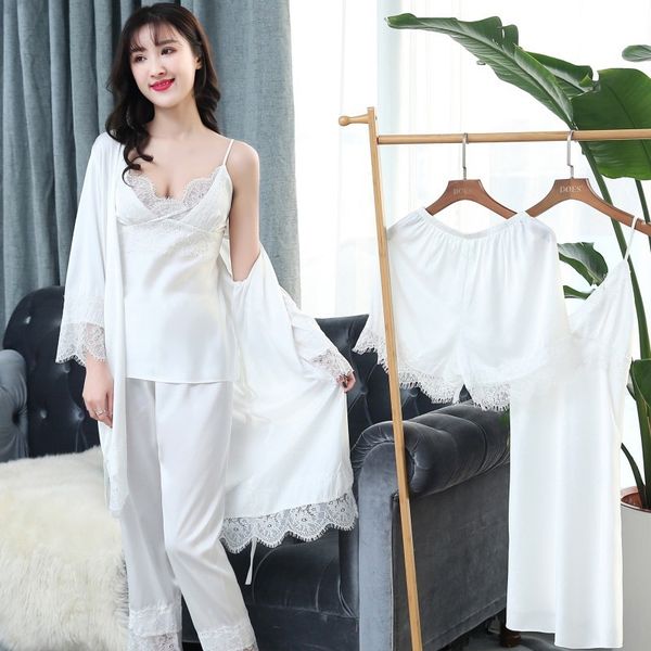 

mechcitiz 5 pieces women pajamas set silk robe full length pants autumn bathrobe sleep lounge sets ladies satin sleepwear, Black;red