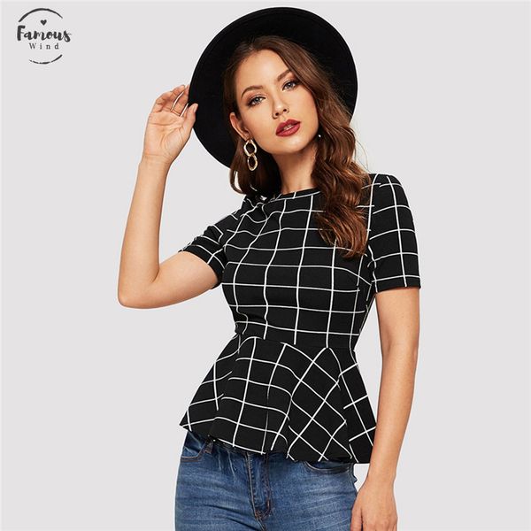 

black grid print peplum hem slim fitted blouse women summer short sleeve workwear office lady elegant plaid blouses, White