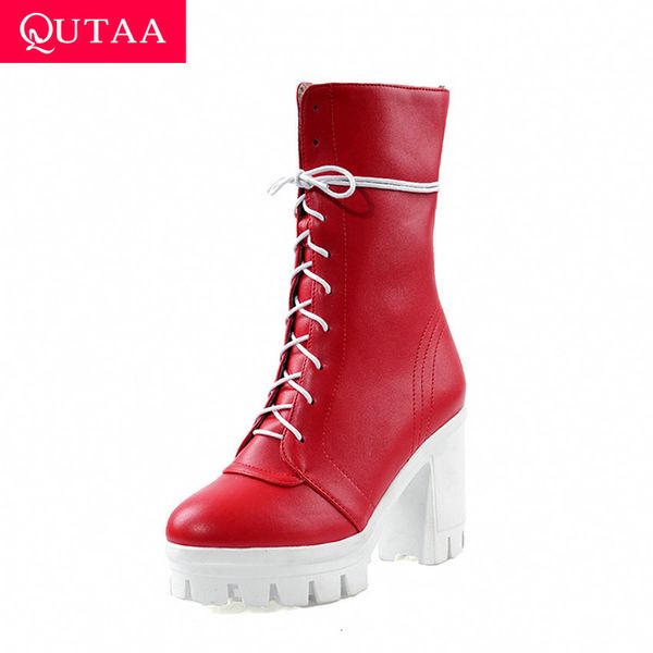 

qutaa 2020 autumn winter round toe thick high heel women shoes pu leather platform antiskid lace up mid calf boots size 34-43, Black