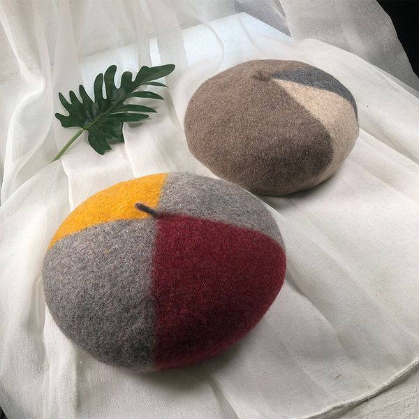 

color matching wool beret female winter cap for women flat hat cashmere hats lady girl berets hats female tocas painter caps, Blue;gray