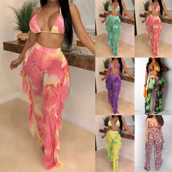 

2020 tie dye печати mesh summer beach two piece set с трусиками женщин сексуальный бюстгальтер холтер crop top рюшами широкую ногу штаны clu, Black;white