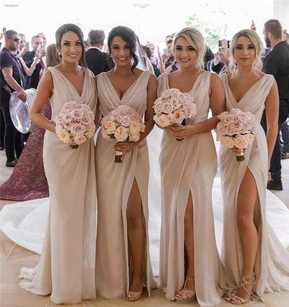 

v neck bridesmaid dresses 2019 split summer country garden formal wedding party guest maid of honor gowns plus size custom made, White;pink