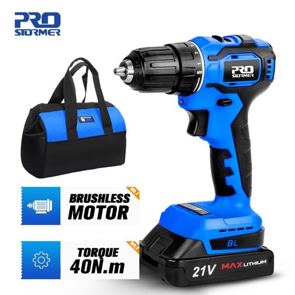 

21v brushless electric drill 40nm cordless screwdriver 2000mah battery mini electric power screwdriver drill 5pcs bit prostormer