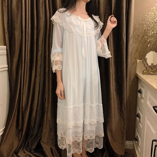 

autumn white gauze cotton women's nightgowns lace long sleepwear elegant female vintage princess night dress home wear 2225, Black;red