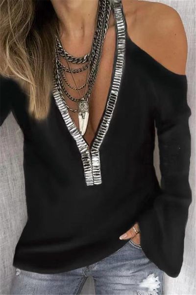 

2021 women tees long size fashion v ladies sequins plus tshirts neck casual female sleeve designer vetai, Black