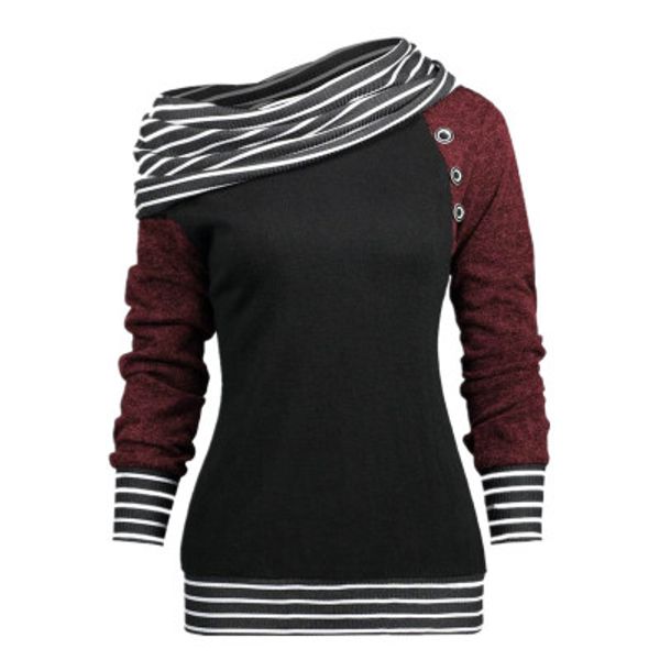 

2019 plus size women sweatshirts solid color skew neck long sleeve striped patchwork button sweatshirt fall women high quality, Black