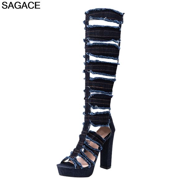 

sagace boot high boots women's roman platform sandals hollow denim high heels women summer leisure boots bota feminina au28, Black