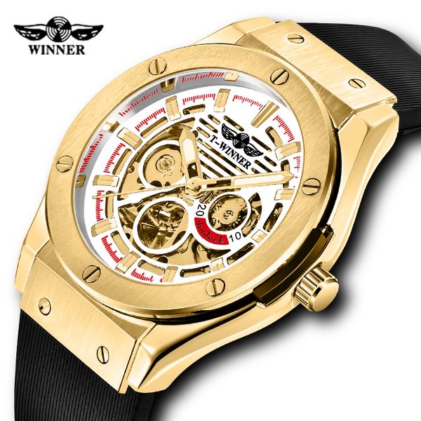 

men watch winner luxury skeleton dial rubber strap automatic clock golden case fashion sports luminous big size watch, Slivery;brown