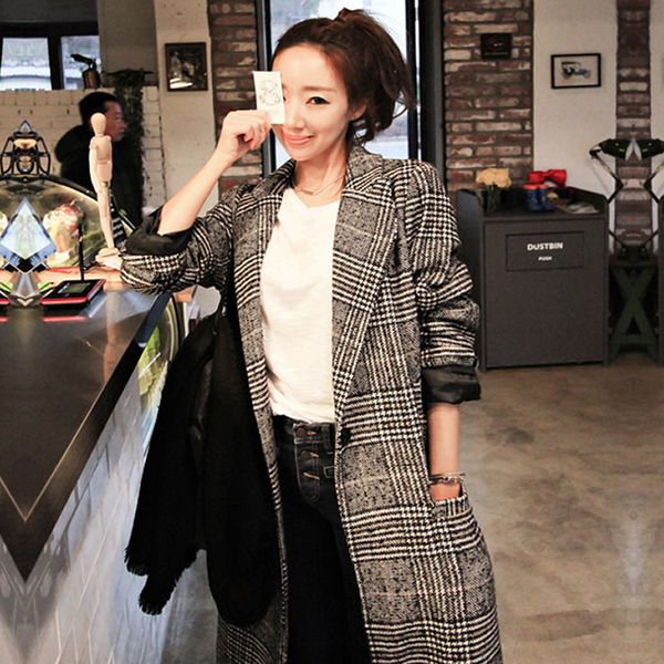 

fashion long woolen coat women female autumn winter plaid jacket 2018 wool blend coat outwear woollen manteau femme, Black