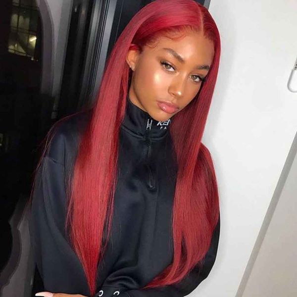 

red human hair straight pre plucked 370 lace frontal wig with baby hair wig with middle part 150 density preplucked remy, Black;brown