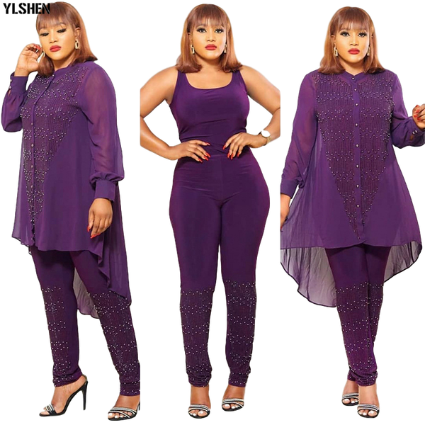 

ethnic clothing 3 piece set african dresses for women dashiki button diamond dress bodycon + pants clothes plus size africa, Red