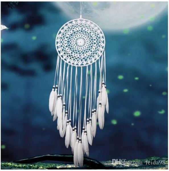 Estilo indiano Artesanal de rendas Dream Catcher Windchimes com pena branca parede carro pendurado 5pcs Dreamcatcher Início Ornamento Decoração / lot GA459