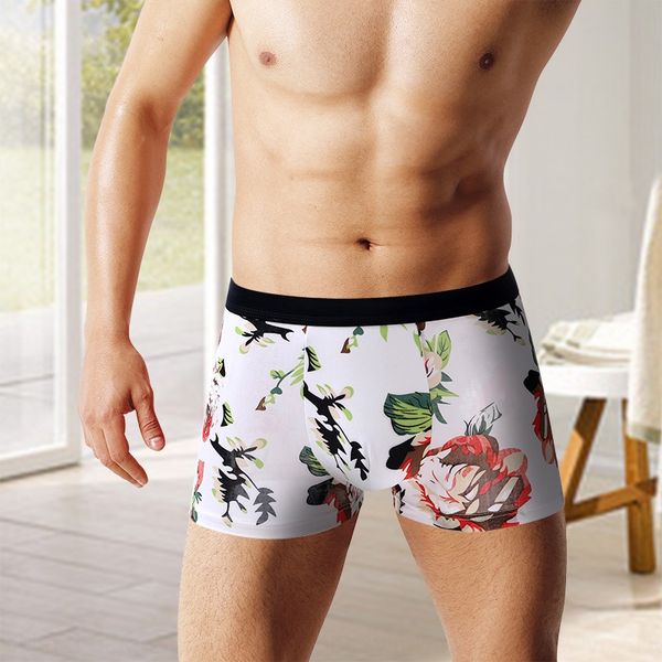 

four seasons men's ice silk modal underwear seamless underwear men's printed boxer pants sports breathable sexy, Black;white