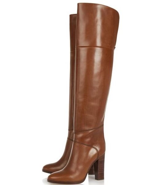 

winter brown pu leather chunky heels women long boots brand large size slip on over the knee boots celebrity banquet shoes, Black