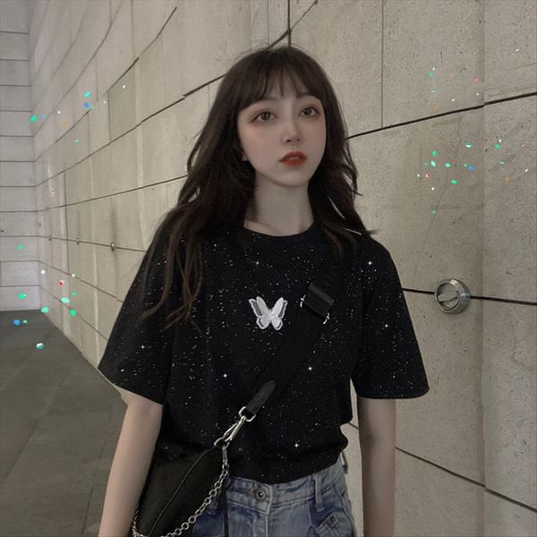 

ins super fire black loose t-shirt women's 2020 design reflective t-shirt butterfly butterfly short sleeve top, White