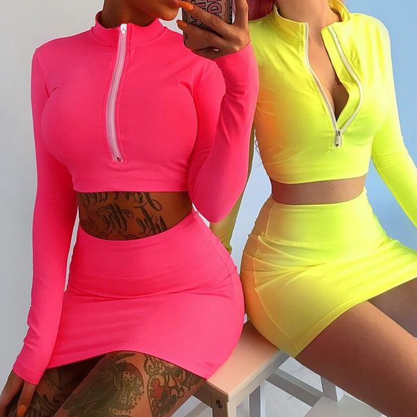 

2019 2 pieces sets women long sleeve high neck zipper bodycon crop mini skirt women fashion solid set, White
