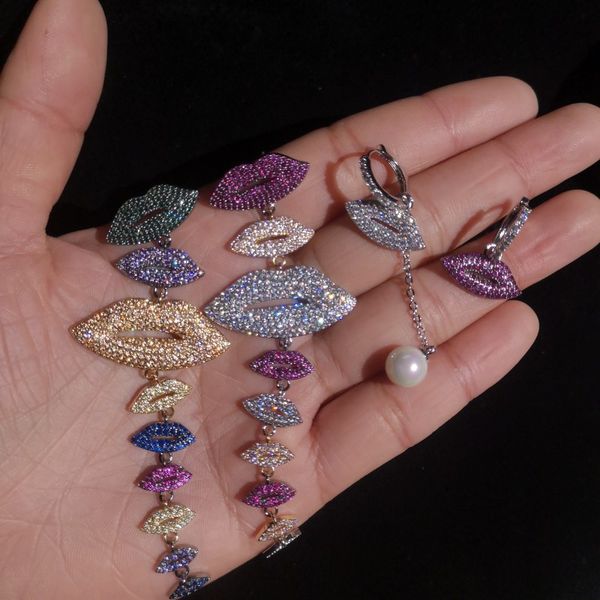 

fashion- needle asymmetric lip earrings colour ultra-flash zircon earrings, Silver