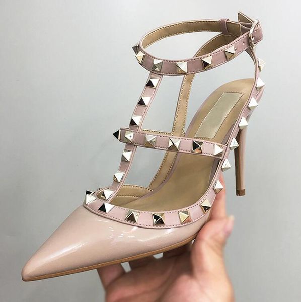

2019 nude patent leather spikes women pumps wedding shoes woman high heels sandal ankle straps rivets shoes high heels bridal shoes