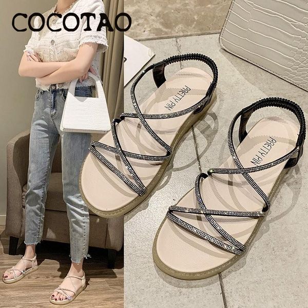 

small fresh thin belt sandals female 2020 new summer rhinestone comfortable word belt roman sandals tide shoes, Black