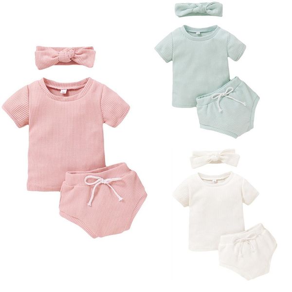 

3pcs newborn toddler baby girl clothes sets 0-3y solid t-shirt pants shorts summer outfit 2020, White