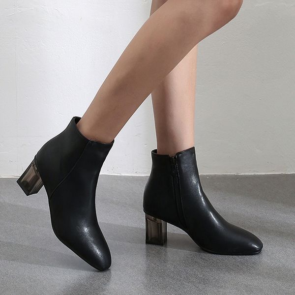 

square head high-heeled casual shoe large size ankle boots fashion women's winter warm snow shoes waterproof botas mujer, Black