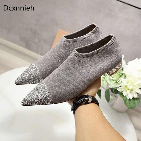 

2020 new silver black sequins knitting flat shoes women pointed toe crystal heels stretch bling casual sock shoes ladies