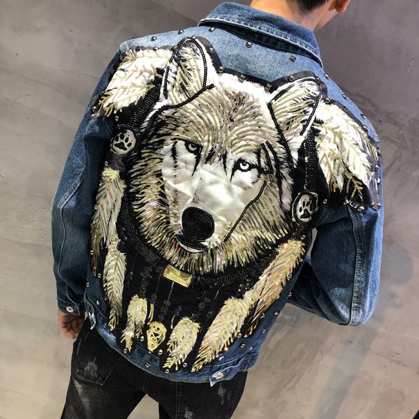 

new punk style novel wolf embroidered rivet jean jacket men denim jackets streetwear slim jeans jacket for men, Black;brown