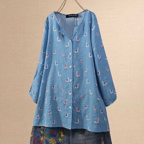 

zanzea women shirt spring cartoon printed blouse casual long sleeve buttons down plus size blusas chemise femininas tunic, White