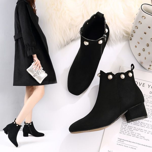 

2019 winter shoes snow women ankle boots bead black faux suede pearl boots wave botas mujer zipper chunky heels botines 7745