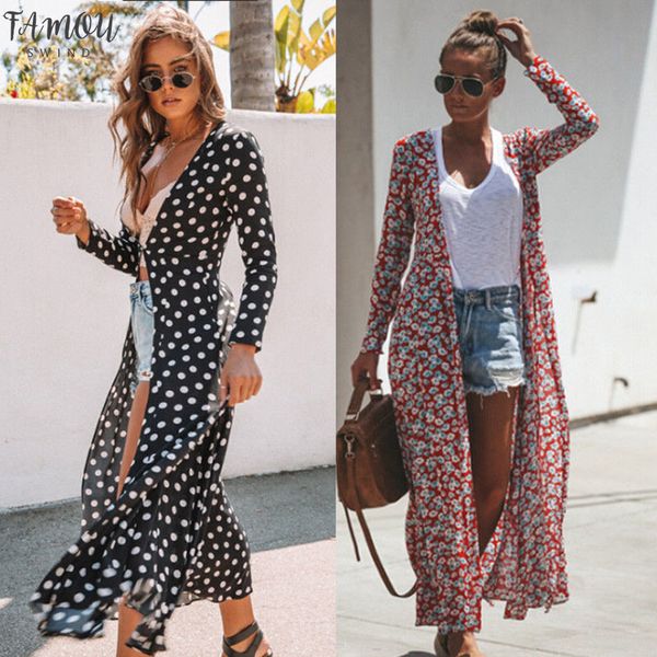 

autumn fashion women lady floral maxi kimono duster cardigan chiffon shirts open front loose blouses streetwear, White