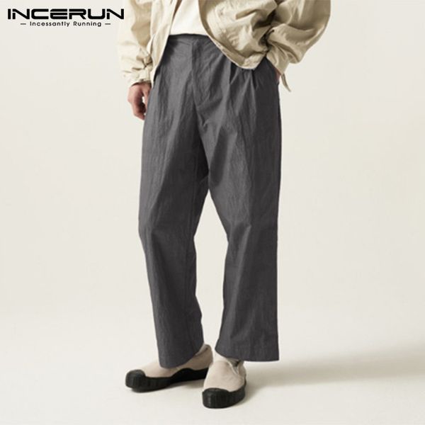 

men's pants incerun 2021 men casual button cotton joggers solid loose vintage business straight streetwear trousers s-5xl, Black