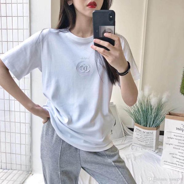 

2020 spring and summer new simple version, cotton fabric, simple wild embroidered round neck short sleeve, ing, White