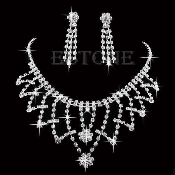 

new prom wedding bridal crystal rhinestone necklace earring jewelry set, Silver