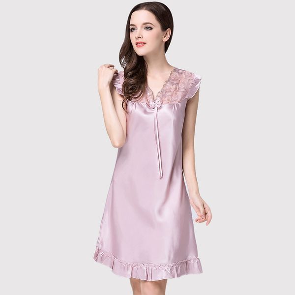 

women silk nightgown summer satin silk sleepshirt woman sleep v neck sleepwear short sleeve comfortable homewear, Black;red