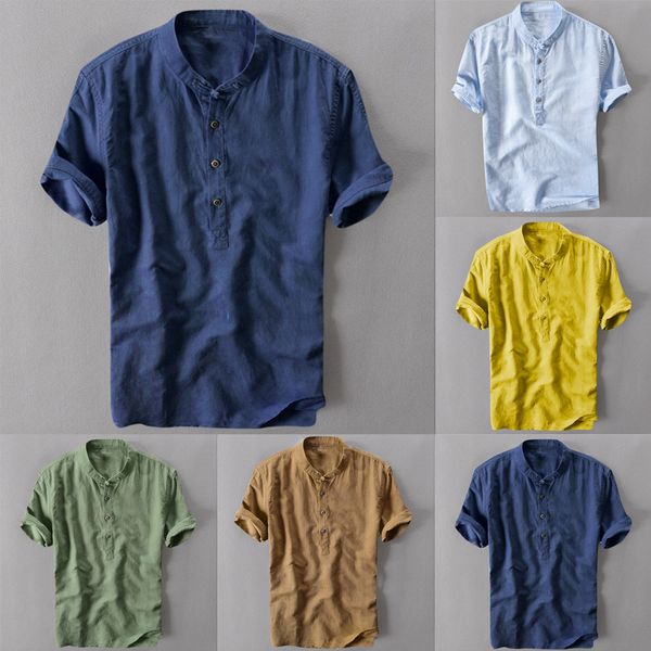 

men's summer short sleeve shirt linen slim summer cool and thin breathable collar hanging dyed gradient cotton shirt -3xl, White;black