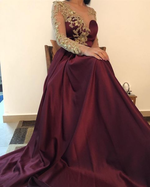 

2019 burgundy satin prom dress long sleeve gold appliques plus size sequins beaded elegant formal evening dresses for women gown, Black