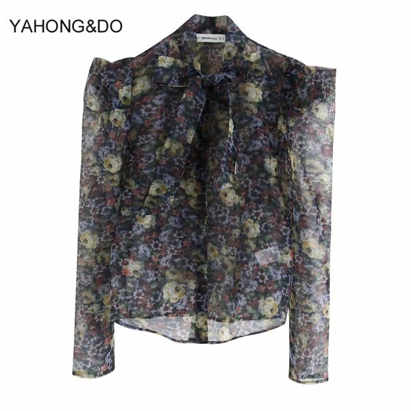 

women chiffon blouse 2019 new fashion bow collar floral printed long sleeve see-through shirts ladies autumn casual chic top, White