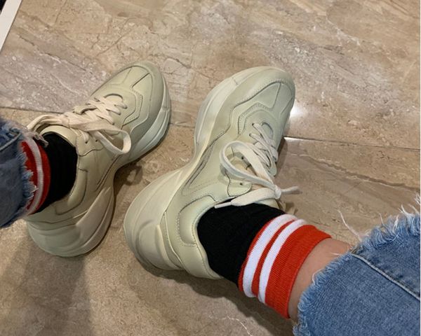 

mens rhyton casual shoe trendy dad sneaker paris dancing streetwear early spring women thick bottom leather sneakers with box, Black