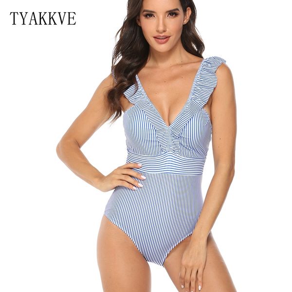 

2019 female retro v neck blue striped swimsuit one piece with ruffle push up pad inserts high waist swimwear women monokini, White;black