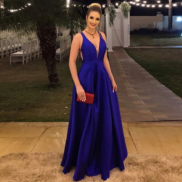 

royal blue a line satin formal prom dresses v-neck sleeveless long simple cross back robe soiree evening dress, Black;red