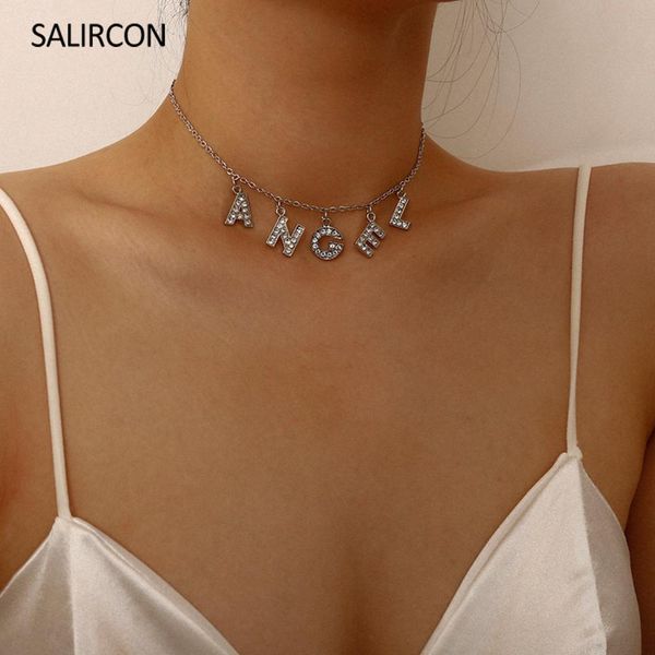 

salircon letter angel pendant name necklaces fashion 2020 silver color short rhinestone necklace choker for women couple jewelry cswzq