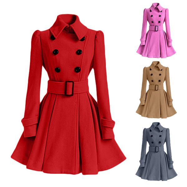 

woman long coats winter 2018 fashion slim belt woolen runway coat ladies vintage turn down colar jacket abrigo mujer, Black