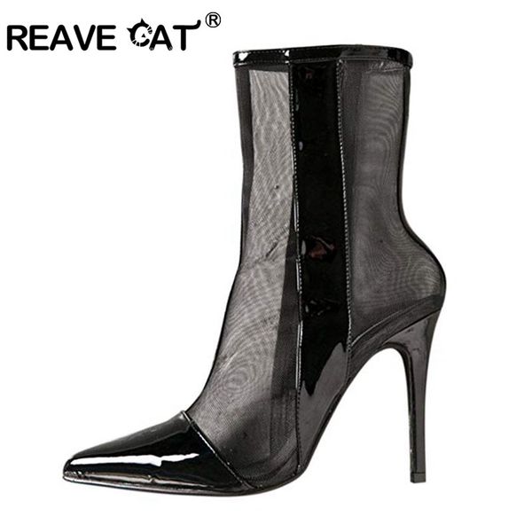 

reavecat luxury mesh tranaprent clear woman ankle boots super high heels stiletto pointed spring summer bottines femme size 43, Black
