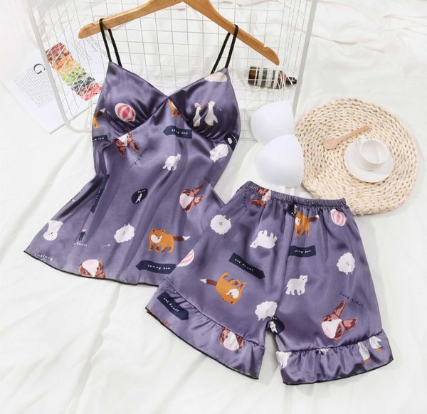 

2019 new women pajamas suit 2pcs sleepwear shortless sleeve pyjamas girl short pant summer ice silk women pajamas set, Blue;gray