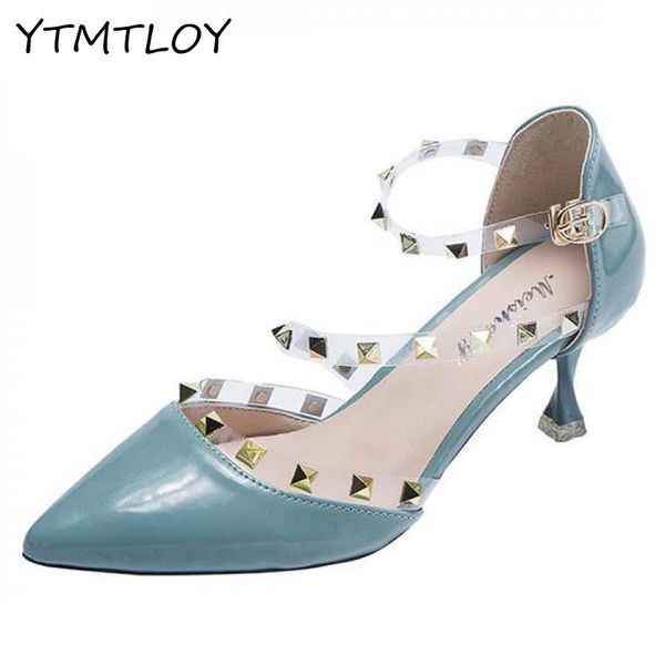 

new summer ankle buckle fashion women's sandals patent leather high heels wedding blue female party pumps zaoatos mujer, Black