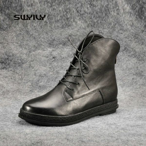 

swyivy cowhide leather ankle boots women shoes wedge increased heel autumn 2019 new female fashion boots for women shoes, Black