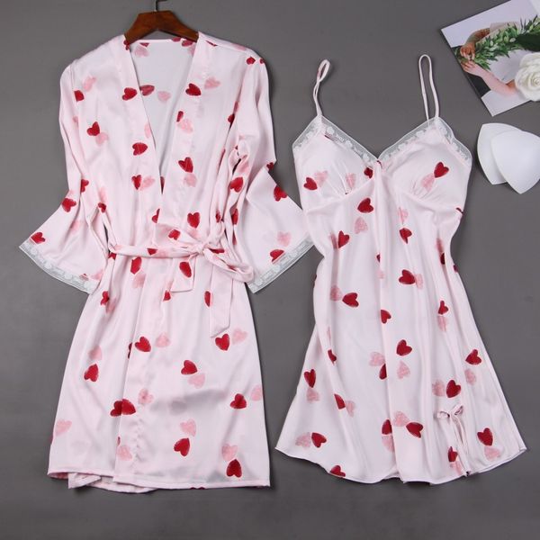 

women 2 pcs nighty&robe suit sleepwear satin print robe set kimono gown casual soft nightdress nightwear summer homewear, Black;red