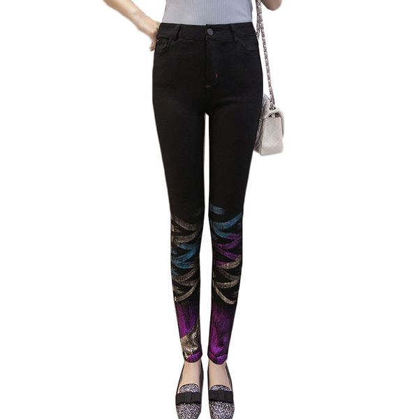 

autumn women's jeans new wild bronzing skinny stretch feet pants slim women trousers large size black denim pencil pants ah203, Blue