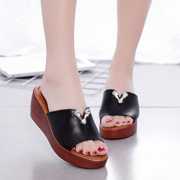 

fashion diamond shoes woman crystal slippers sparkly sandals wedge slides high heel platform flip-flops ladies slippers, Black