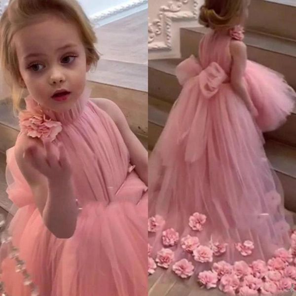

lovely tulle pink flower girl dresses for weddings high neck sleeves sweep train 3d floral applique communion dress, Red;yellow